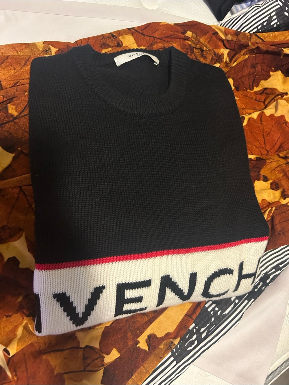 Givenchy Black Crewneck Sweater with White Logo Band and Red Trim